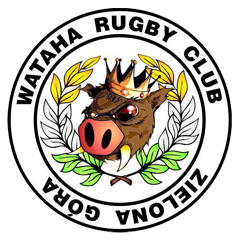 Logo watahy: Dzik w koronie otoczony liśćmi krzewów winogrona